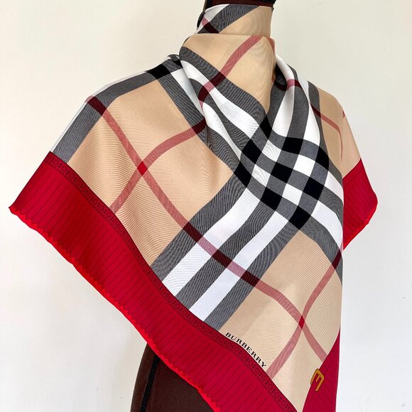 New Burberry Scarf Logo Iconic Beige Check Red Border Silk Wrap - Picture 9 of 15